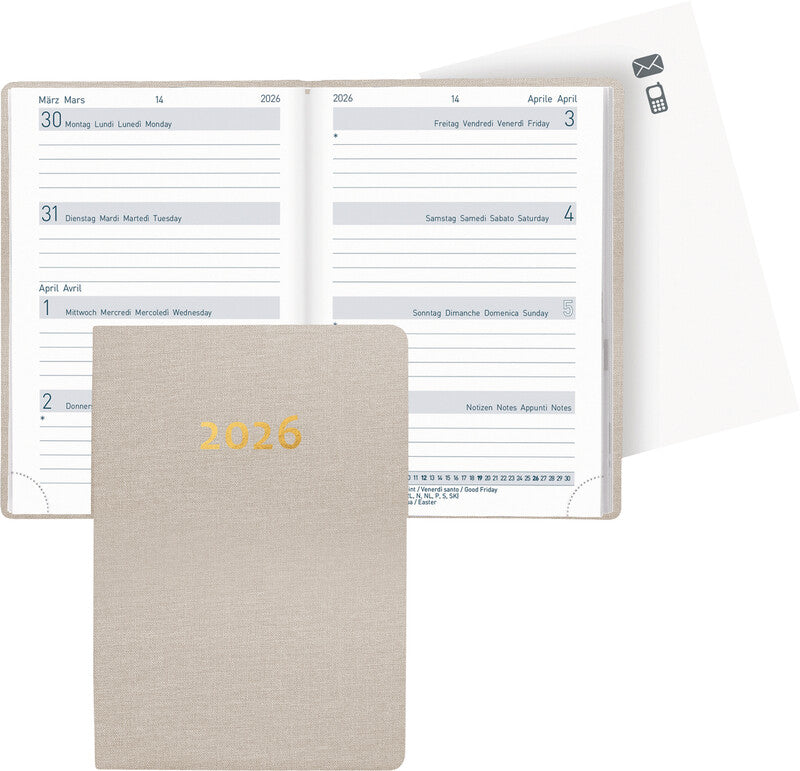 Biella Agenda – 1 Woche/2 Seiten, gebunden, 7,6 × 11,0 cm, 2026, mehrsprachig, beige, FSC