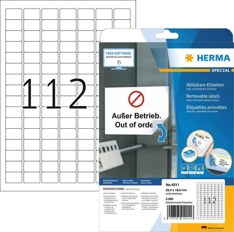 HERMA Druckeretiketten, 25 mm × 17 mm, weiss, Papier, ablösbar, 25 Blatt