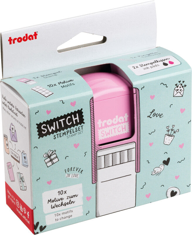 Trodat Love Messages Motivstempel-Set – selbstfärbend, 10 Textplatten 19 × 19 mm, 2 Kissen (pink/schwarz)