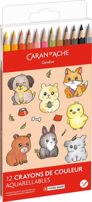 Caran d-Ache Caran d’Ache Swisscolor Aquarelle Aquarellfarbstifte – 12 Farben, lichtecht, Ø 2,8 mm, Karton