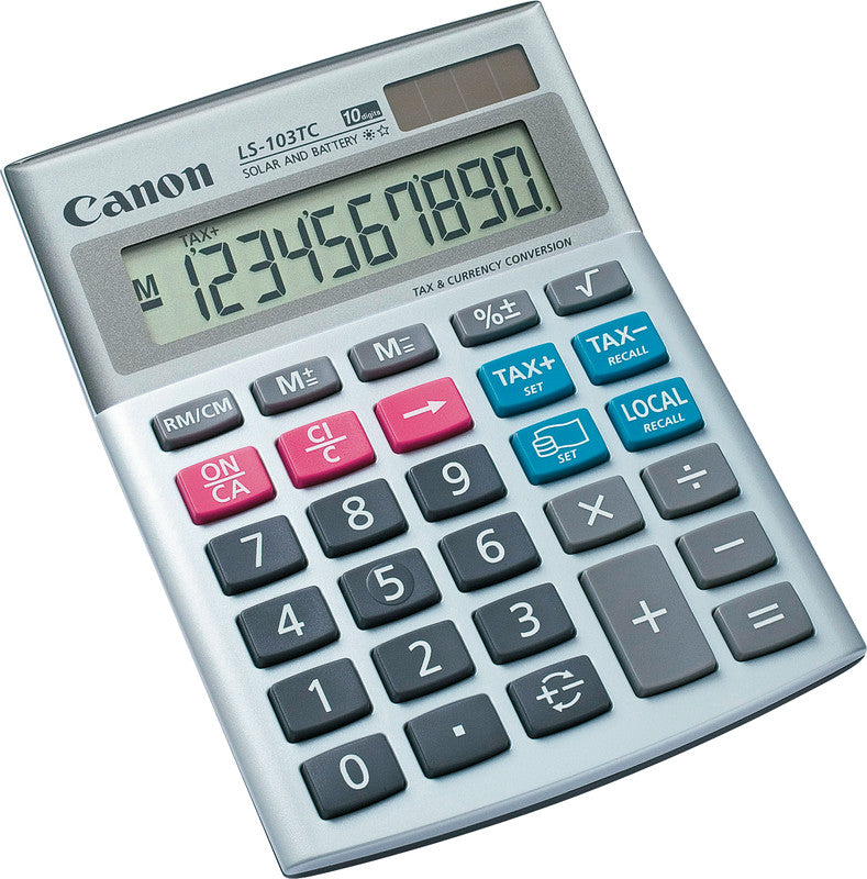 Canon Tischrechner LS-103TC – 10-stellig, angewinkeltes LCD, Steuer/Währung, Solar + Batterie, silber