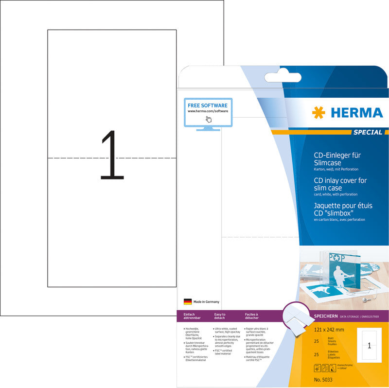 HERMA Druckkarten A4 (151 × 118 mm), 170 g/m², weiss, Karton – für Inkjet, Laser, Kopierer – 25 Karten