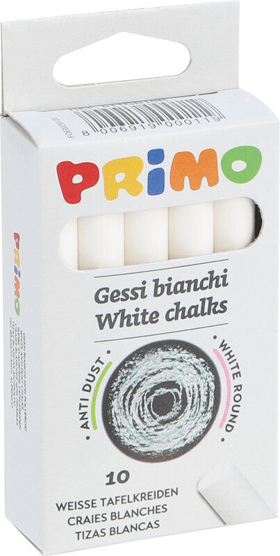 Primo Runde Tafelkreiden – Weiss – 10 Stück – für Tafel, Papier und Karton – Ø 10 mm × 80 mm – in Schachtel