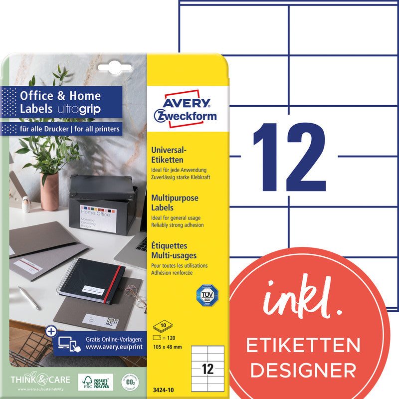 Avery Druckeretiketten, 105 mm × 48 mm, weiss, Papier, permanent, 120 Etiketten (10 Blatt)