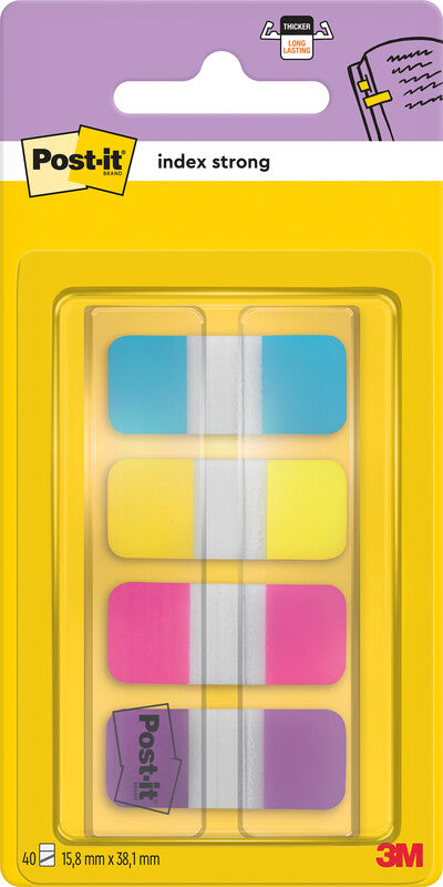 3M Post-it Indexstreifen Strong schmal – 16×38 mm – sortiert, 4×10 Stück, mit Dispenser