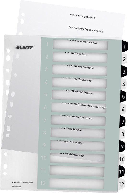 Leitz WOW Register A4 Überbreit – Nummeriert 1–12, 12 Taben, PP, Schwarz, Weiss, 11-fach