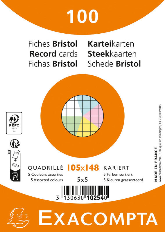 Exacompta Karteikarte A6 quer, kariert, mehrfarbig, 205 g/m², Karteikarton – 100 Stück