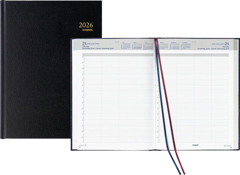 Brepols Bremax 2 Agenda – 1 Tag/2 Seiten, gebunden, 21 × 29 cm, 2026, 1/4-Stunden-Takt, schwarz, FSC