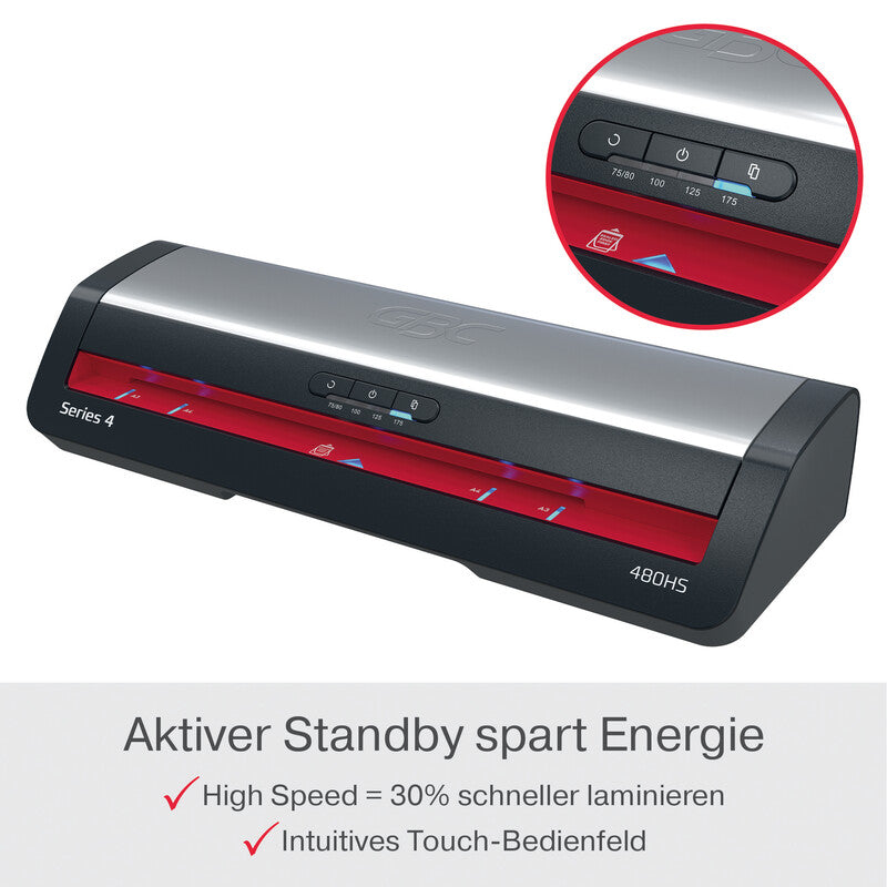 GBC 480HS Laminiergerät A3 – 4-Rollen, 75–125 µm, 1 Min. Aufheizzeit, 500 mm/min, Silber