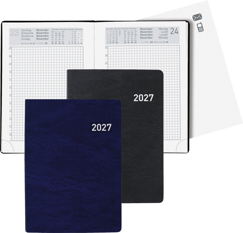Biella Technikus Agenda – 1 Tag pro Seite, gebunden, 10,1 × 14,2 cm, 2027, 1-Stunden-Takt, Schwarz, FSC