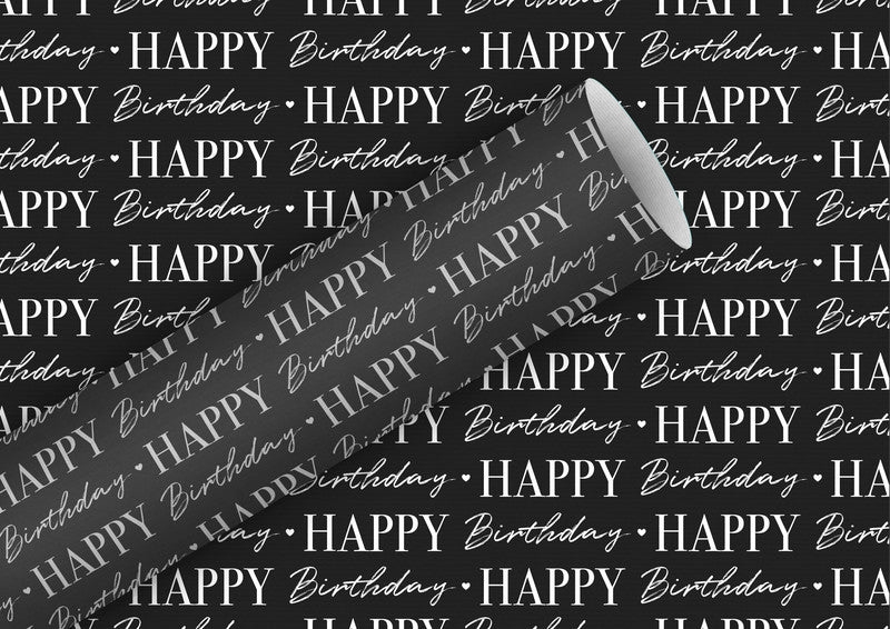 Braun + Company Geschenkpapier Rolle – Graphic Birthday – Kraftpapier 70 g/m2 – 700 × 2000 mm – Schwarz/Weiss