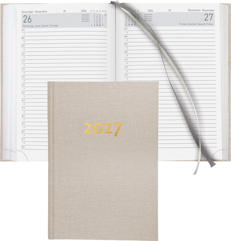 Biella Executive Agenda – 1 Tag pro Seite, gebunden, 14,5 × 20,5 cm, 2027, 1/2-Stunden-Takt, Beige, FSC