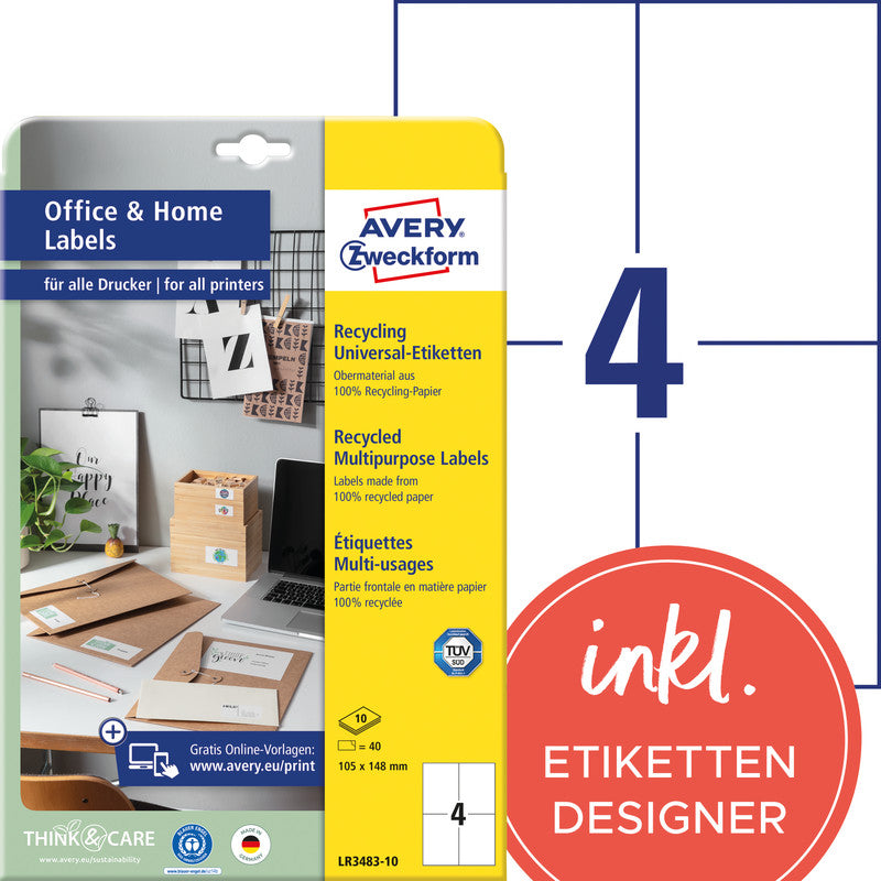 Avery Etiketten, 105 mm × 148 mm, naturweiss, Altpapier, permanent, 10 Blatt (40 Etiketten)