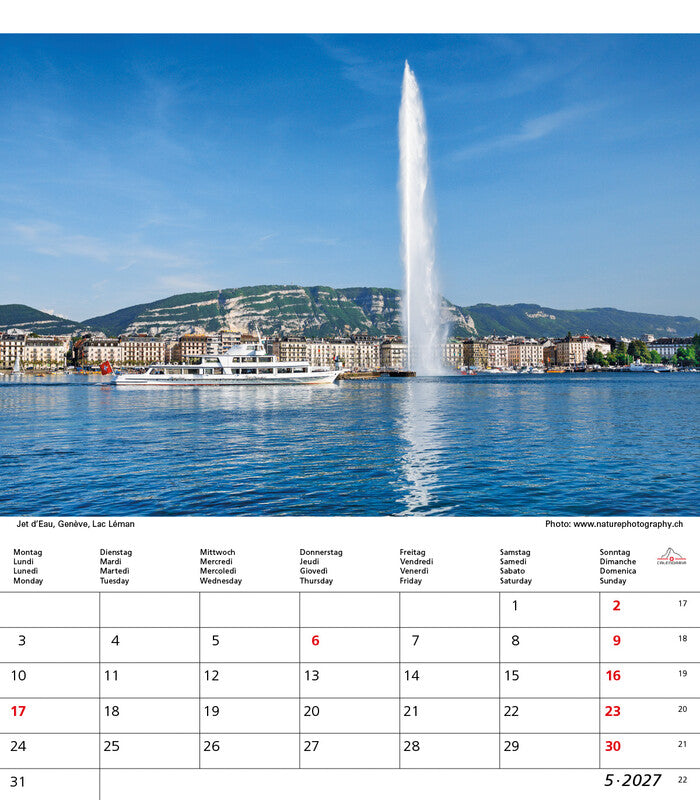 Calendaria Bildkalender Schweiz 2027 – 21 × 24 cm – Kalendarium d/f/i/e