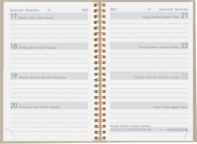 Biella Memento Natural Agenda – 1 Woche/2 Seiten, Wire-O, 10,1 × 14,2 cm, 2027, Mehrsprachig, Hellgrau
