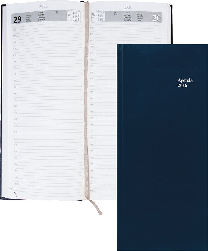 Simplex Agenda – 1 Tag pro Seite, gebunden, 13,5 × 31,5 cm, 2026, 1/2-Stunden-Takt, Blau, FSC