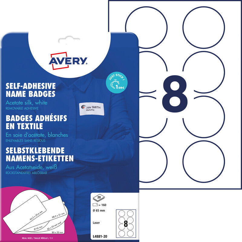 Avery Textiletiketten, Ø 65 mm, weiss, Textil, selbstklebend, wiederablösbar, 160 Etiketten (20 Blatt)