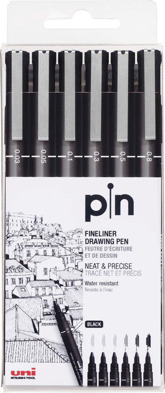Uni-Ball Pin Fineliner – 6er-Set – schwarz – wasserfest