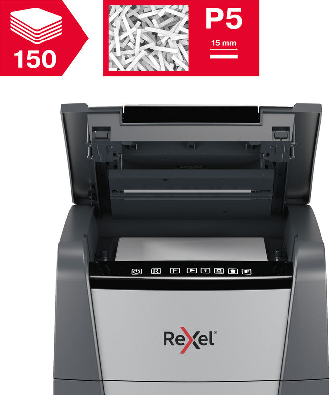 Rexel Optimum AutoFeed+ 150M – Aktenvernichter mit Autofeed 150 Blatt, DIN P-5, Mikroschnitt 2 × 15 mm, 44 l