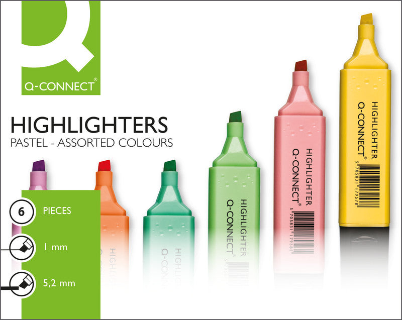 Q-CONNECT Textmarker Set 6 Farben Pastell – Keilspitze, 1–5,2 mm