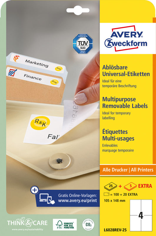 Avery Drucker-Etiketten, 105 mm × 148 mm, weiss, Papier, wiederablösbar, 30 Blatt
