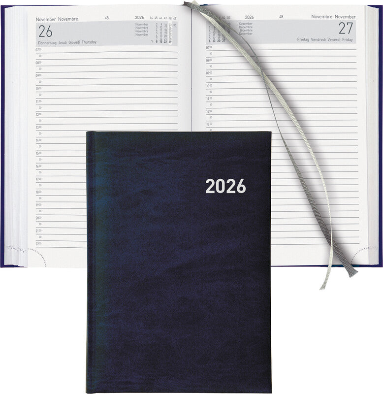 Biella Executive Agenda – 1 Tag pro Seite, gebunden, 14,5 × 20,5 cm, 2026, 1/2-Stunden-Takt, dunkelblau, FSC