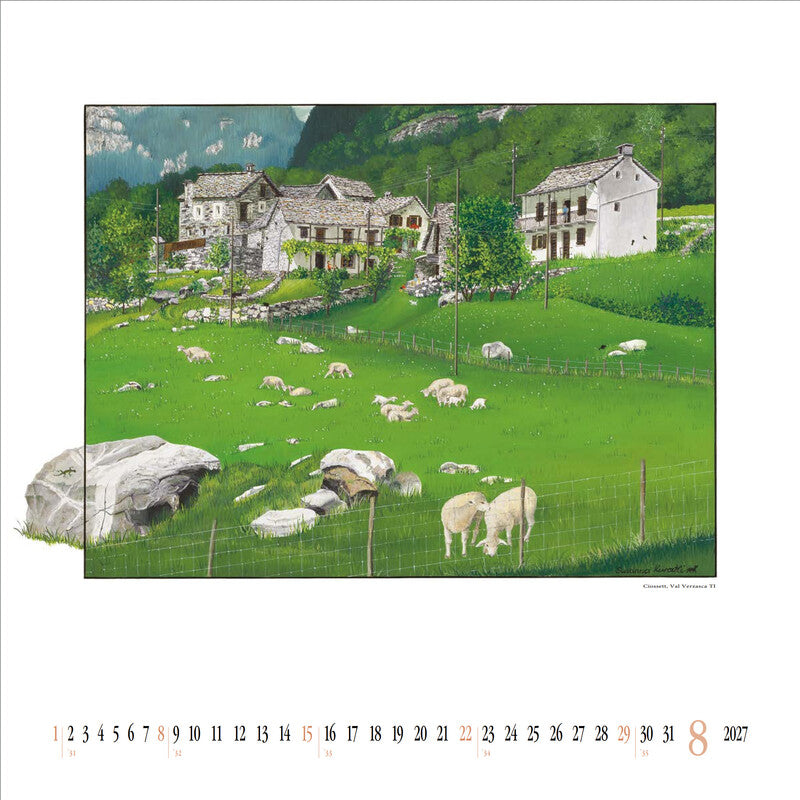 Kuratli Kunstkalender Susanna Bauernhäuser 2027 – 42 × 42 cm – mit Aufhänger, mit Kartonrückwand