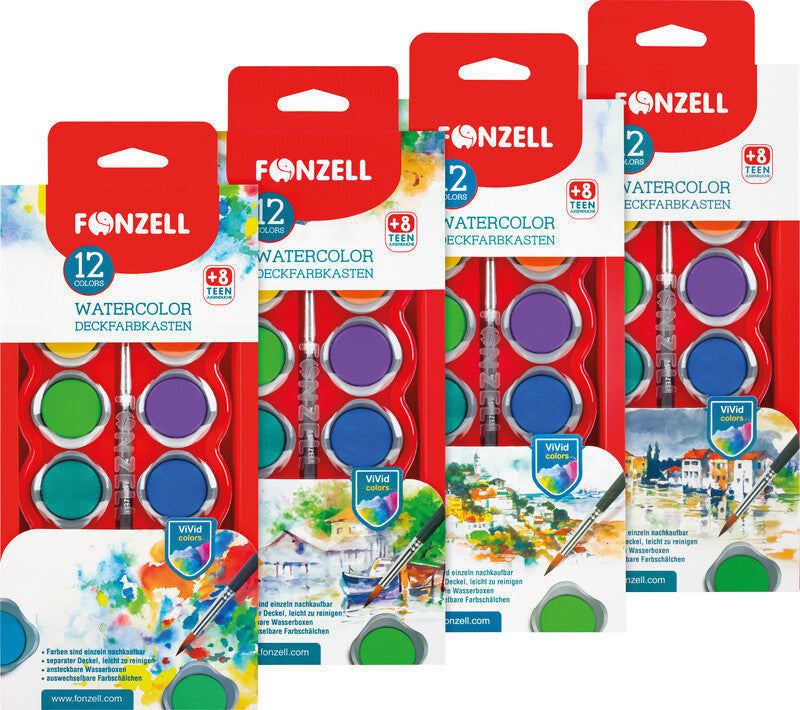 Fonzell Deckfarbkasten – 12 Farben, sortiert, mit Pinsel