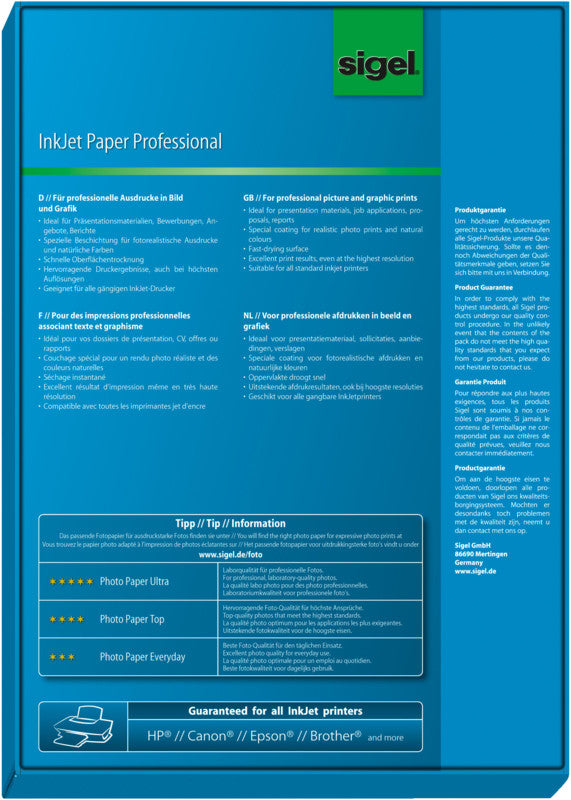 Sigel Inkjetpapier – A4, 160 g/m², Weiss – für Inkjet – 100 Blätter