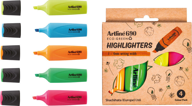 Artline EK690 Eco-Green Textmarker Set 4 Farben – Keilspitze, 1–4 mm