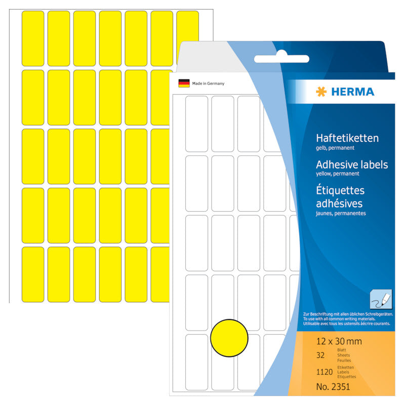 HERMA Haftetiketten – rechteckig, abgerundete Ecken 12 × 30 mm, permanent, gelb, 32 Blatt (1'120 Stk.)