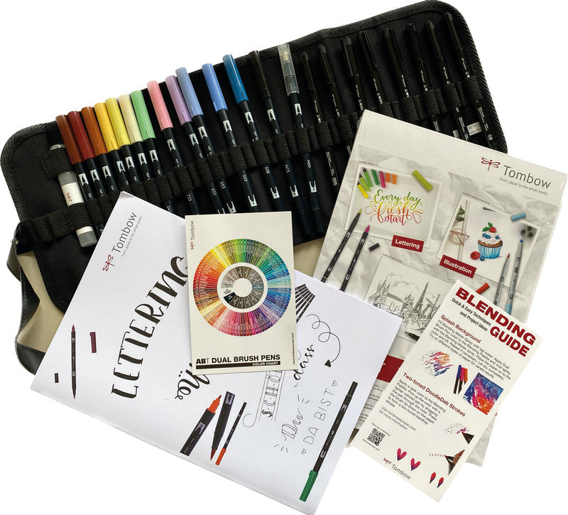 Tombow Geschenkset Handlettering – 13 ABT Brush Pen, 6 Mono Drawing Pen, Übungsbuch, Bristolpapier-Block