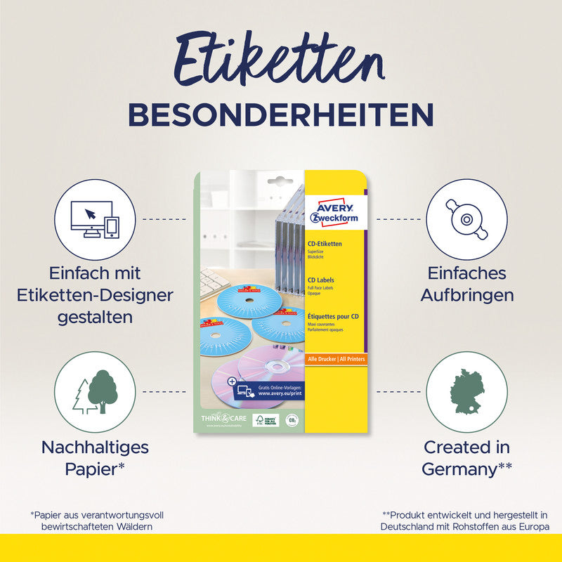 Avery CD-/DVD-Etiketten, Ø 117 mm, weiss, Papier, permanent, 200 Etiketten (100 Blatt)