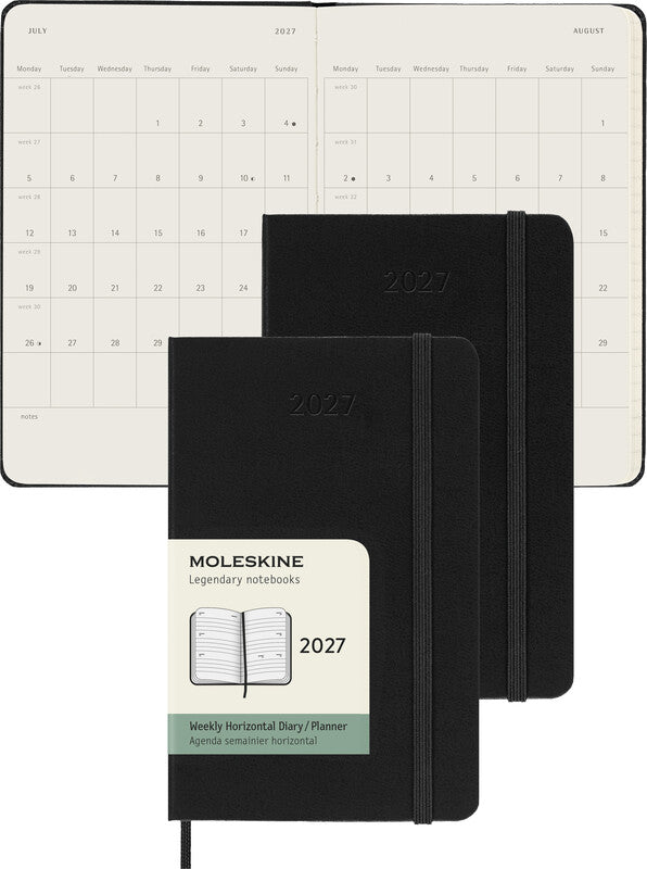 Moleskine Hardcover Wochenagenda – 1 Woche/2 Seiten, gebunden, 9 × 14 cm, 2026, Englisch, Schwarz, FSC