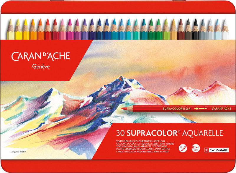 Caran d-Ache Caran d'Ache Aquarellfarbstifte Supracolor Soft – 30 Farben, im Metalletui, Ø 3,8 mm, FSC