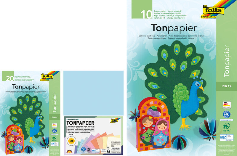 Folia Zeichenpapier A3, 130 g/m², 10 Blatt, mehrfarbig, strukturiert, geleimt, säurefrei, PEFC