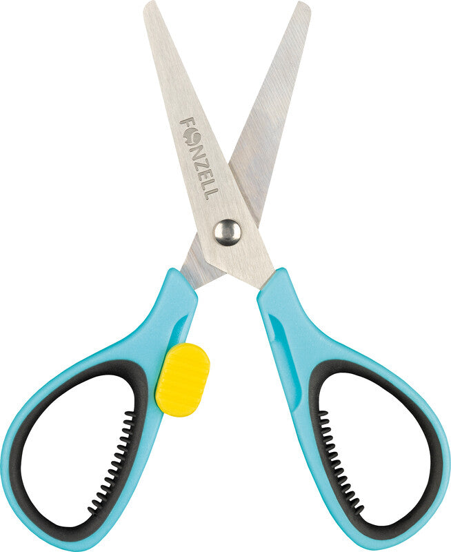 Fonzell Kinderschere – für Rechts- und Linkshänder, abgerundete Spitzen, Softgrip, Kunststoff, Hellblau