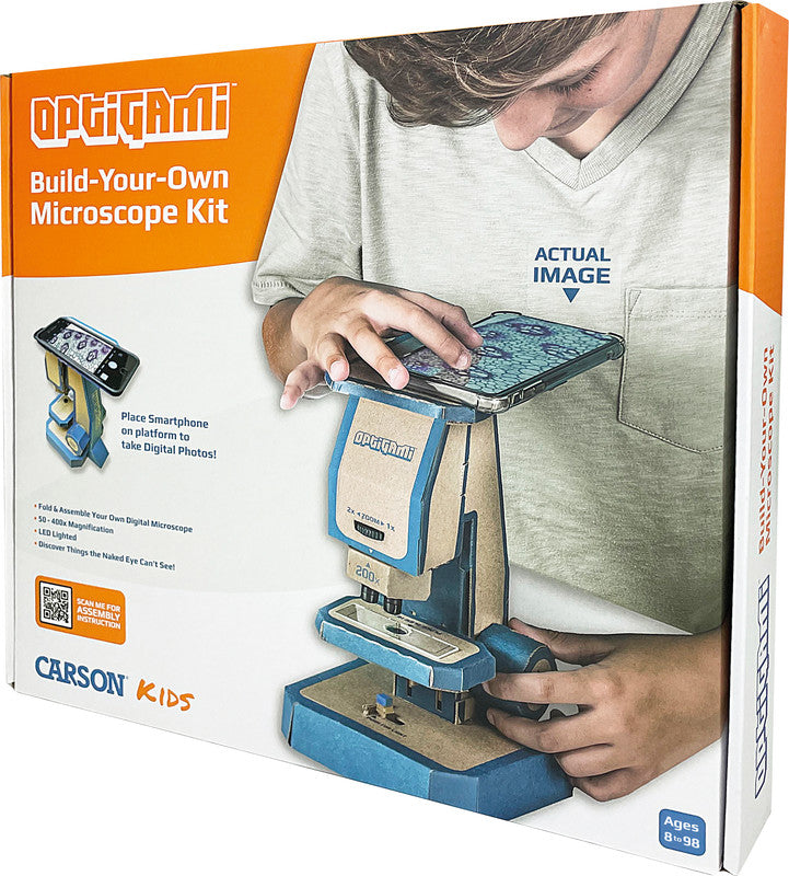Carson Kids Optigami Mikroskop – Bausatz, LED-Beleuchtung, Smartphone-Adapter, 167 × 254 × 142 mm, 50–400×