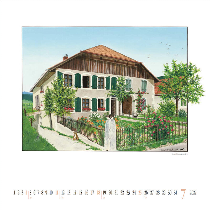 Kuratli Kunstkalender Susanna Bauernhäuser 2027 – 42 × 42 cm – mit Aufhänger, mit Kartonrückwand
