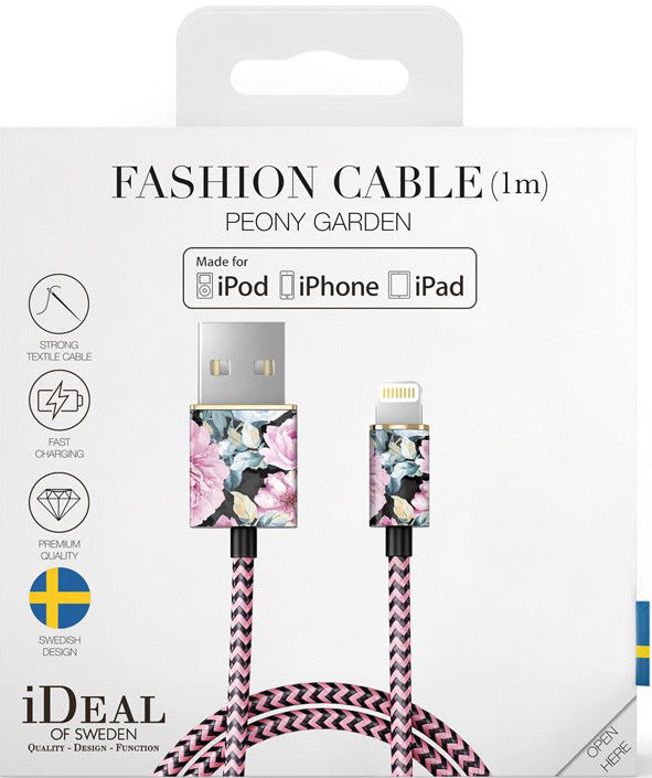 iDeal of Sweden USB-A auf Lightning Kabel, 1 m, Peony Garden, geflochten (Nylon), Schnellladen, MFi-zertifiziert
