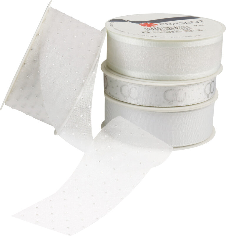 Präsent Geschenkband – Hochzeit – Kunststoff, 33 Rollen (9 × 15 mm × 4 m, 12 × 25 mm × 3 m, 12 × 40 mm × 2 m)