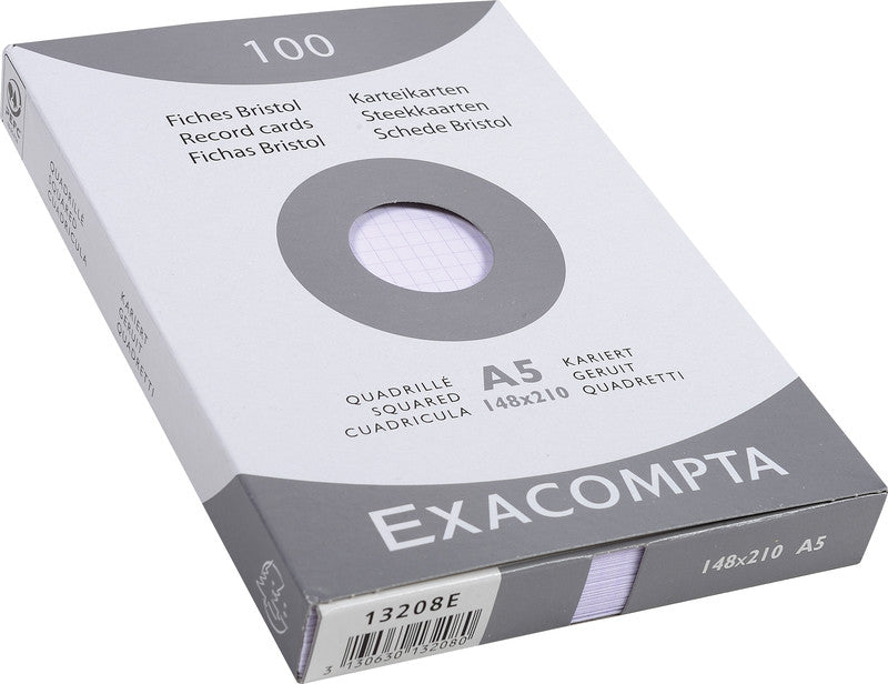 Exacompta Karteikarte A5 quer, kariert, weiss, 205 g/m², Karteikarton – 100 Stück