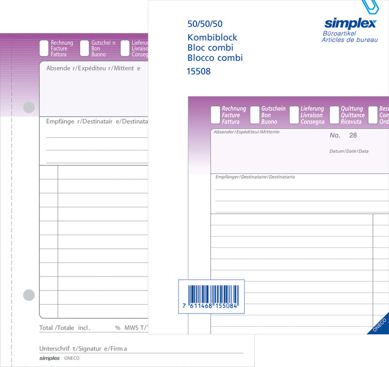 Simplex Formularblock 3-fach – Mehrzweck, mehrsprachig, 50 Blatt, A5, Karton