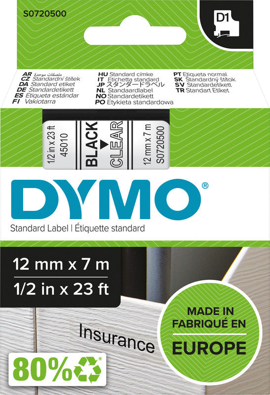 DYMO Schriftband – 12 mm × 7 m, transparent, schwarz – für DYMO LabelPoint: LabelPoint 200, 250, 300 und weitere