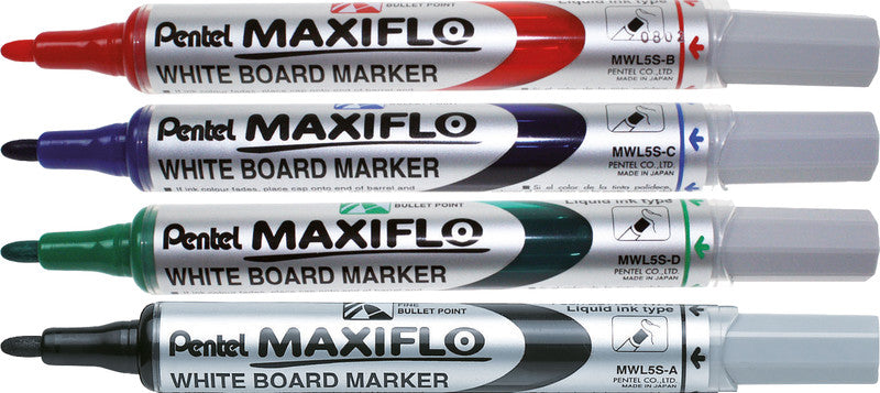Pentel Whiteboard-Marker Maxiflo MWL5S – Konische Spitze 4 mm – Sortiert – 4er-Set – Trocken abwischbar