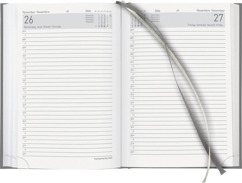 Biella Executive Trend Agenda – 1 Tag pro Seite, gebunden, 14,5 × 20,5 cm, 2026, 1/2-Stunden-Takt, Eukalyptus, FSC