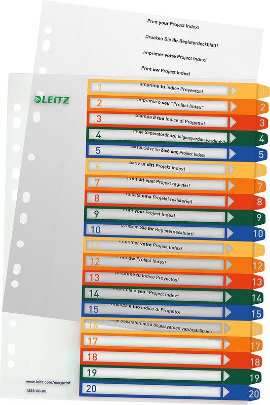 Leitz Register – A4, 20-teilig, PP, farbig, vorgedruckt, 11-fach Lochung, für Zeigebuchtaschen