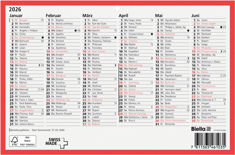 Biella Tafelkalender – Deutsch – 2026 – Zweiseitig – 23,5 × 15,5 cm