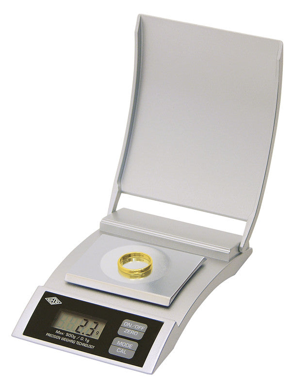 Wedo Präzisions-Taschenwaage – 500 g, 0,1 g, Wiegefläche 62 × 43 mm, Tara, Justierfunktion, Silber