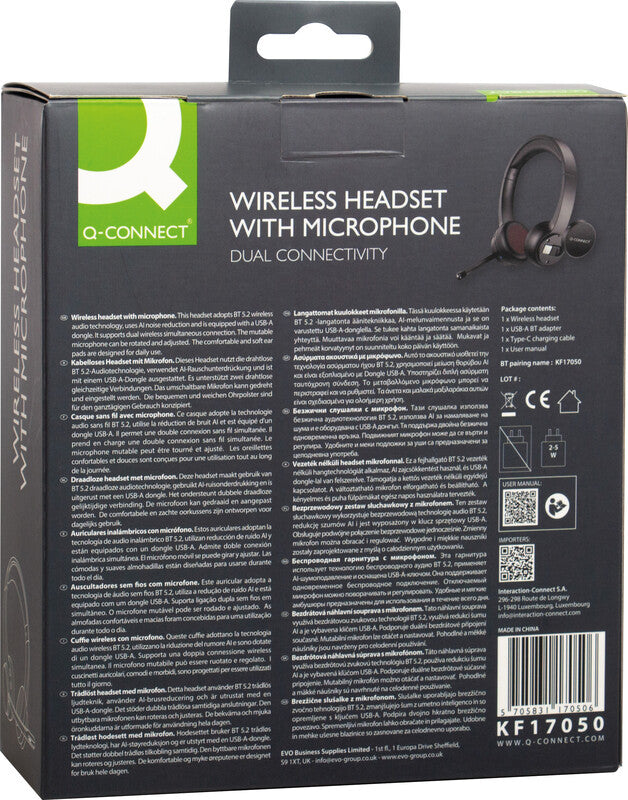 Q-connect Duo Headset – Bluetooth, Noise-Cancelling Mikrofon, Stummschalter – Schwarz – bis 35 h Sprechzeit